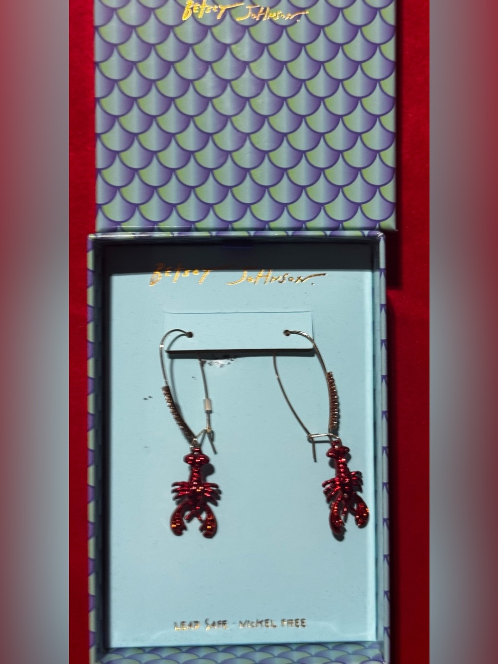 Betsey Johnson Red Lobster Drop Earrings with Silver Hooks
